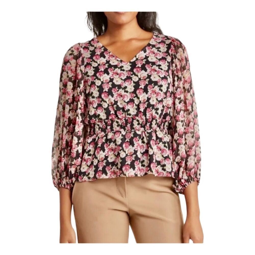 Philosophy Vibrant floral print blooms blouse. Size: Large Color: Black/Pink